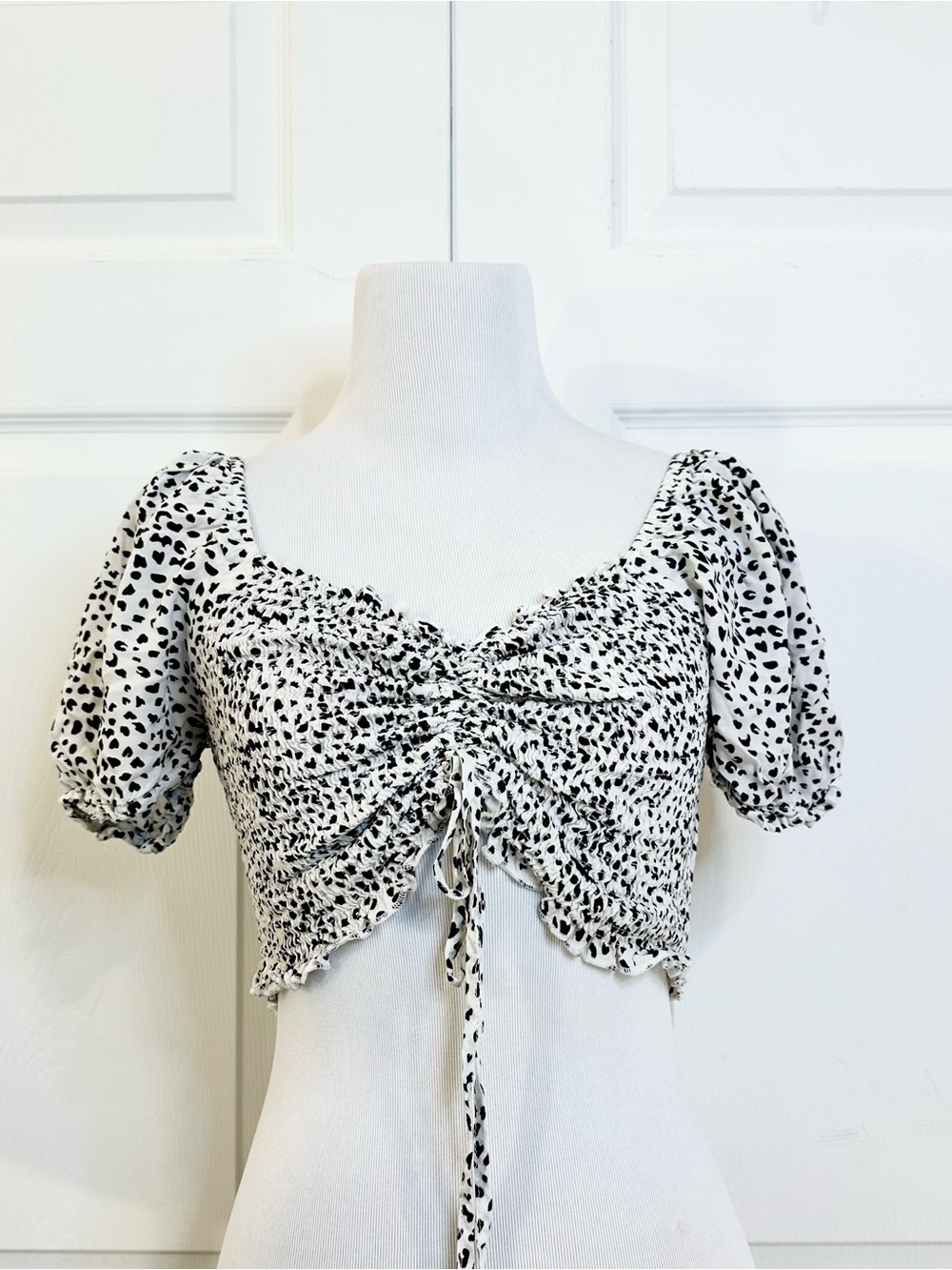 Papermoon Black & White Ruched Tie-Front Cropped Top